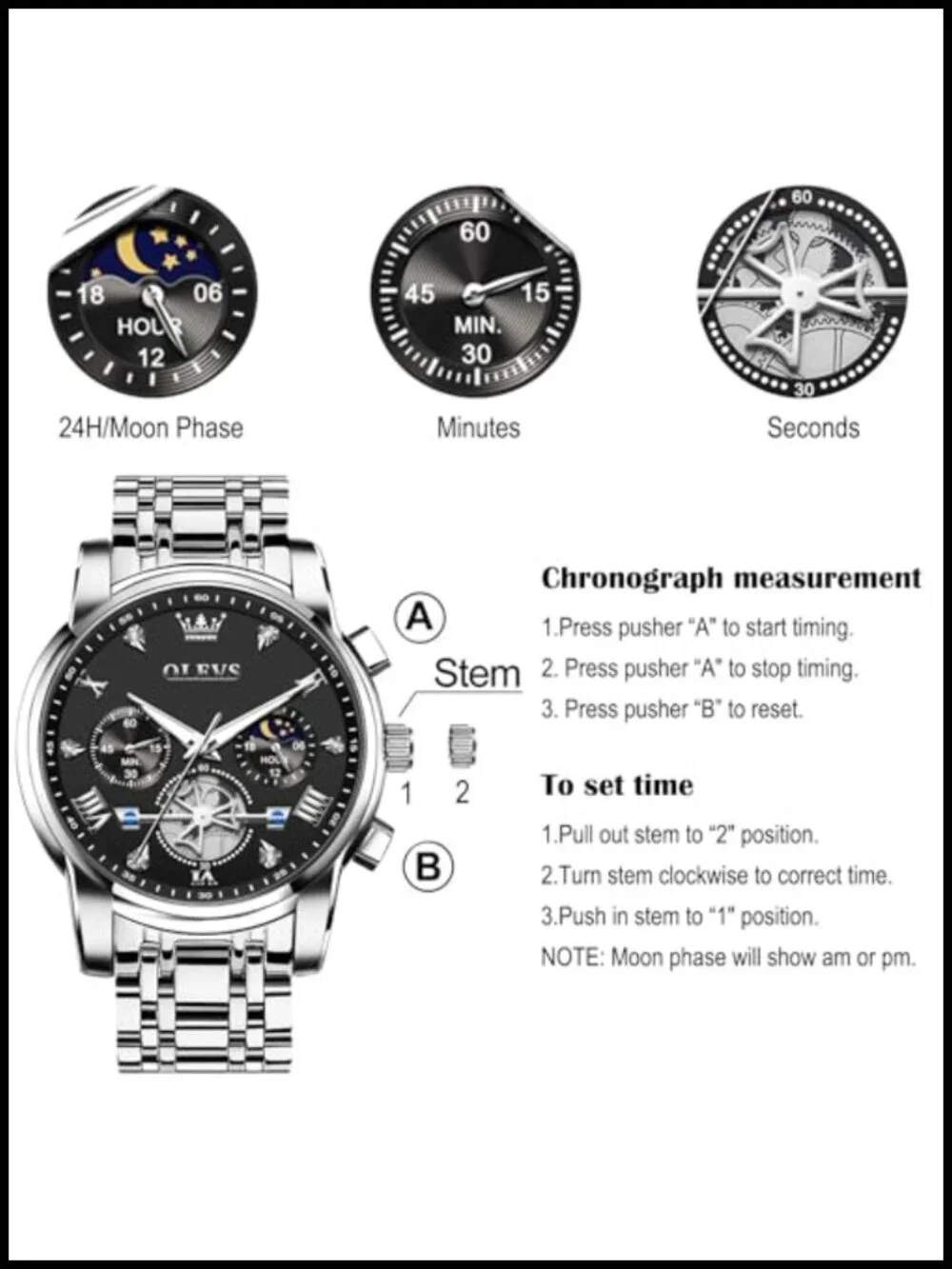 Mens Stainless Steel Chronograph Watch Diamond Roman Numeral Quartz Dress